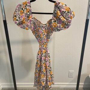 Vibrant Floral Midi Dress with Puff Sleeves